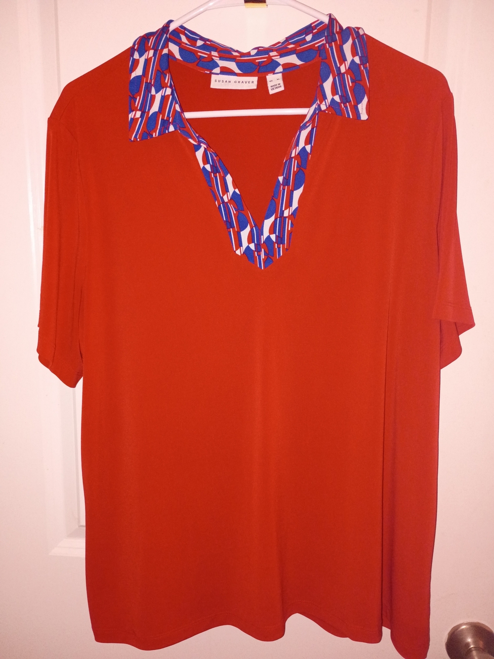 Susan Graver Red Top with Blue & White Patterned Collar